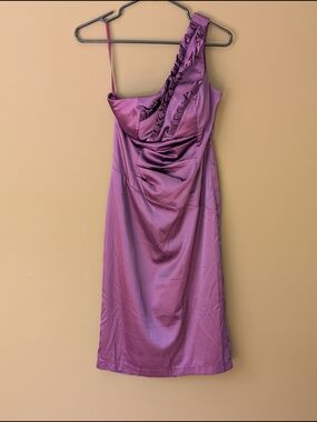 Ever Pretty One-Shoulder Ruffled Satin Dress in Plum